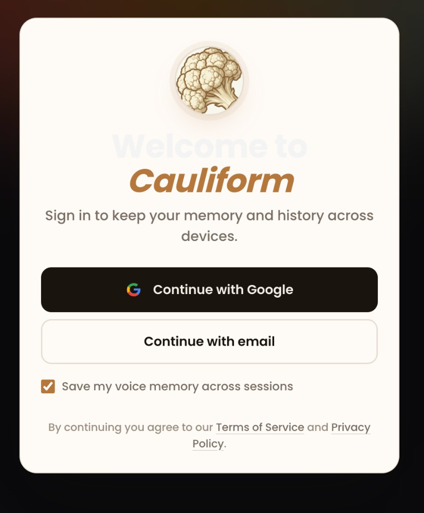 Cauliform sign-in screen