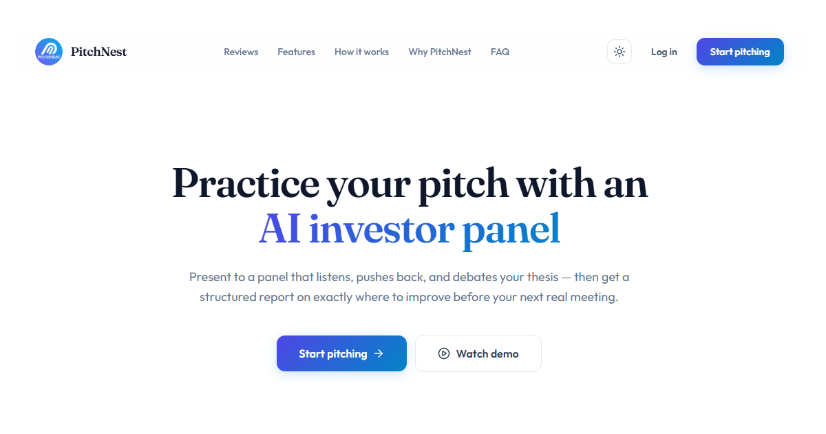 PitchNest home page: practice your pitch with an AI investor panel
